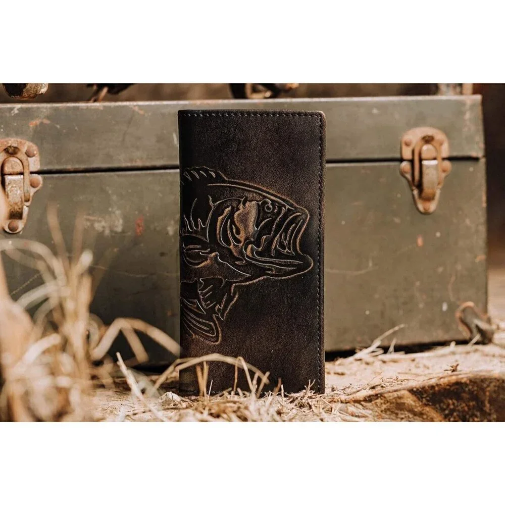🆕Men Black Co. BASS FISH Long Wallet Grain Leather Long Bifold Wallet Gift